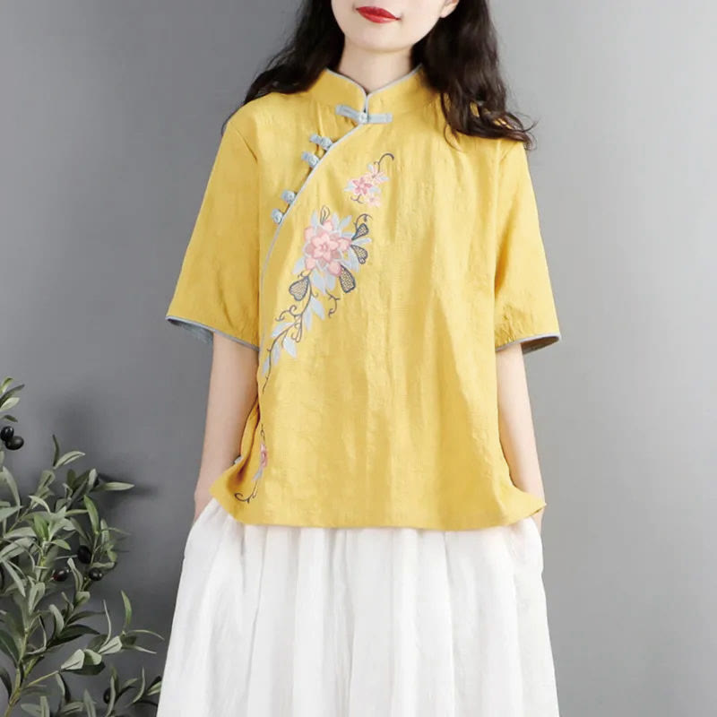 Buddha Stones Summer Flower Embroidery Half Sleeve Frog-Button Mandarin Collar Cotton Linen Women's Shirt - Yellow - US12，UK/AU16，EU44 (3XL) - image 9