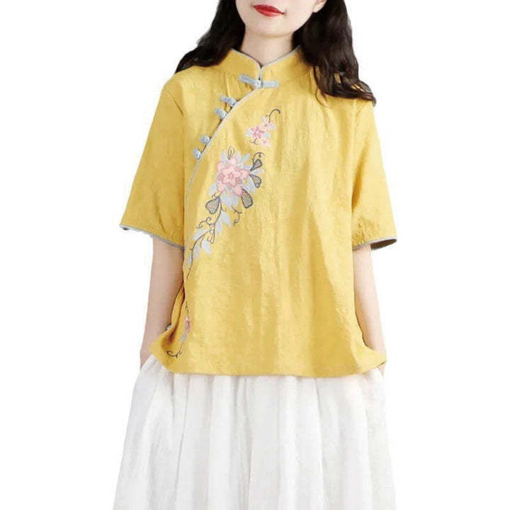 Buddha Stones Summer Flower Embroidery Half Sleeve Frog-Button Mandarin Collar Cotton Linen Women's Shirt
