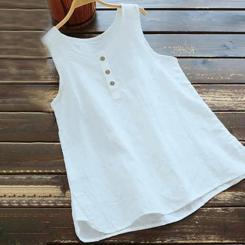 Buddha Stones Summer Pure Color Crew Collar Button Women's Vest Waistcoat - White - US16，UK/AU20，EU48 (5XL) - image 1