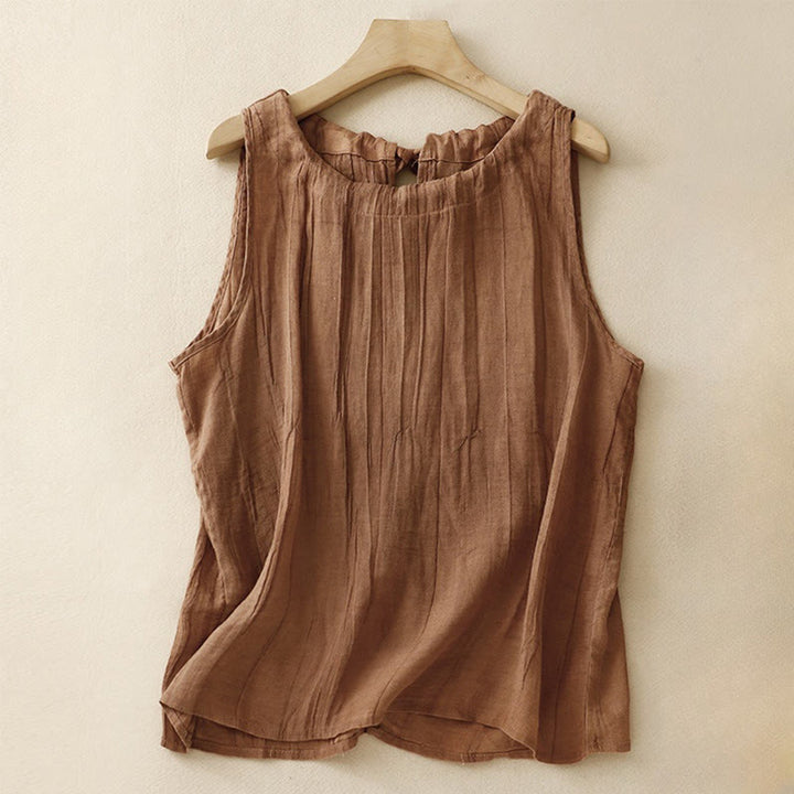 Buddha Stones Summer Pure Color Wrinkle Lace-up Sleeveless Cotton Linen Vest Women's Waistcoat