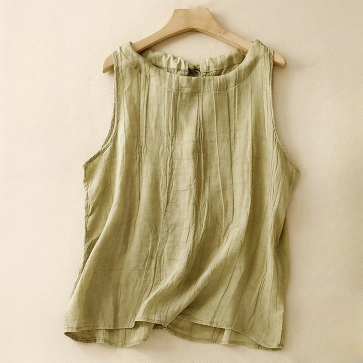 Buddha Stones Summer Pure Color Wrinkle Lace-up Sleeveless Cotton Linen Vest Women's Waistcoat