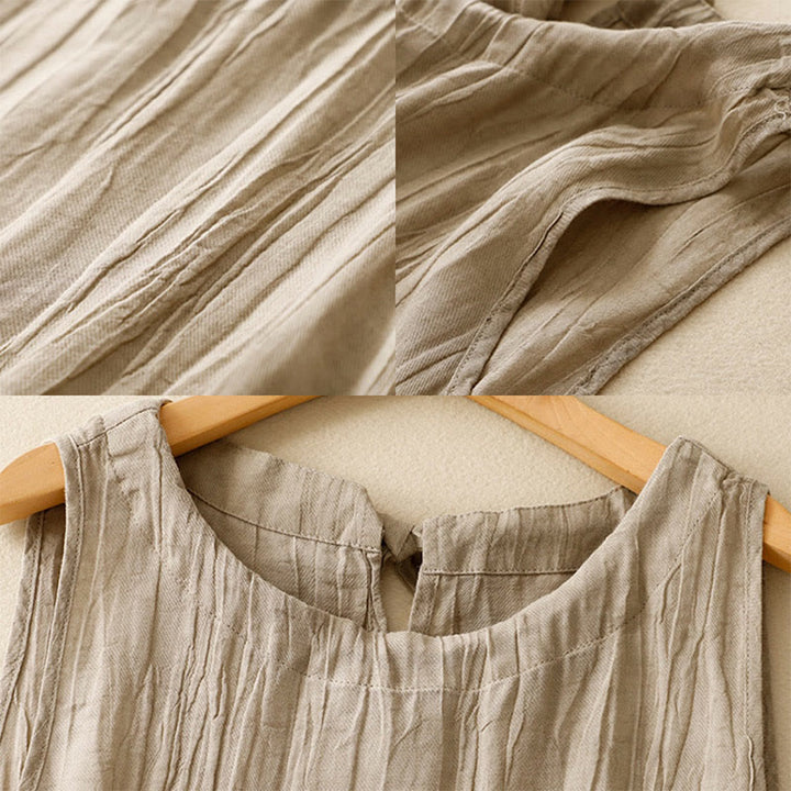 Buddha Stones Summer Pure Color Wrinkle Lace-up Sleeveless Cotton Linen Vest Women's Waistcoat
