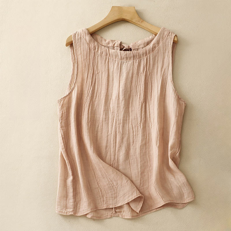 Buddha Stones Summer Pure Color Wrinkle Lace-up Sleeveless Cotton Linen Vest Women's Waistcoat