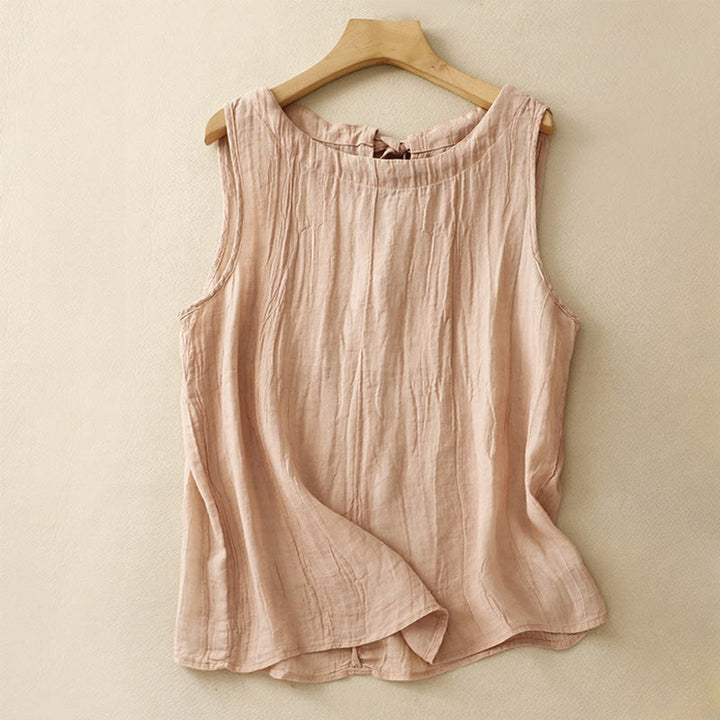 Buddha Stones Summer Pure Color Wrinkle Lace-up Sleeveless Cotton Linen Vest Women's Waistcoat