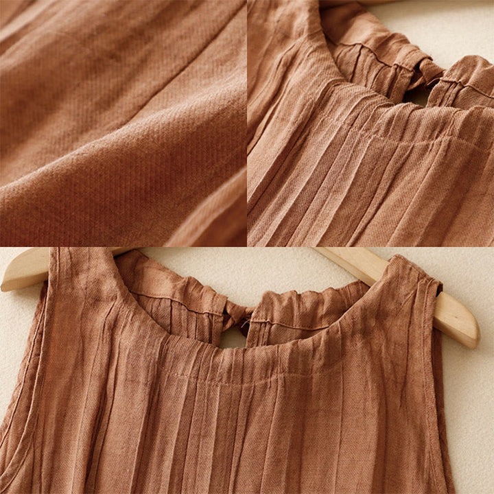 Buddha Stones Summer Pure Color Wrinkle Lace-up Sleeveless Cotton Linen Vest Women's Waistcoat