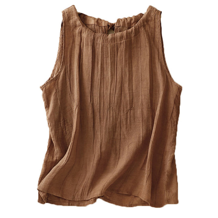 Buddha Stones Summer Pure Color Wrinkle Lace-up Sleeveless Cotton Linen Vest Women's Waistcoat
