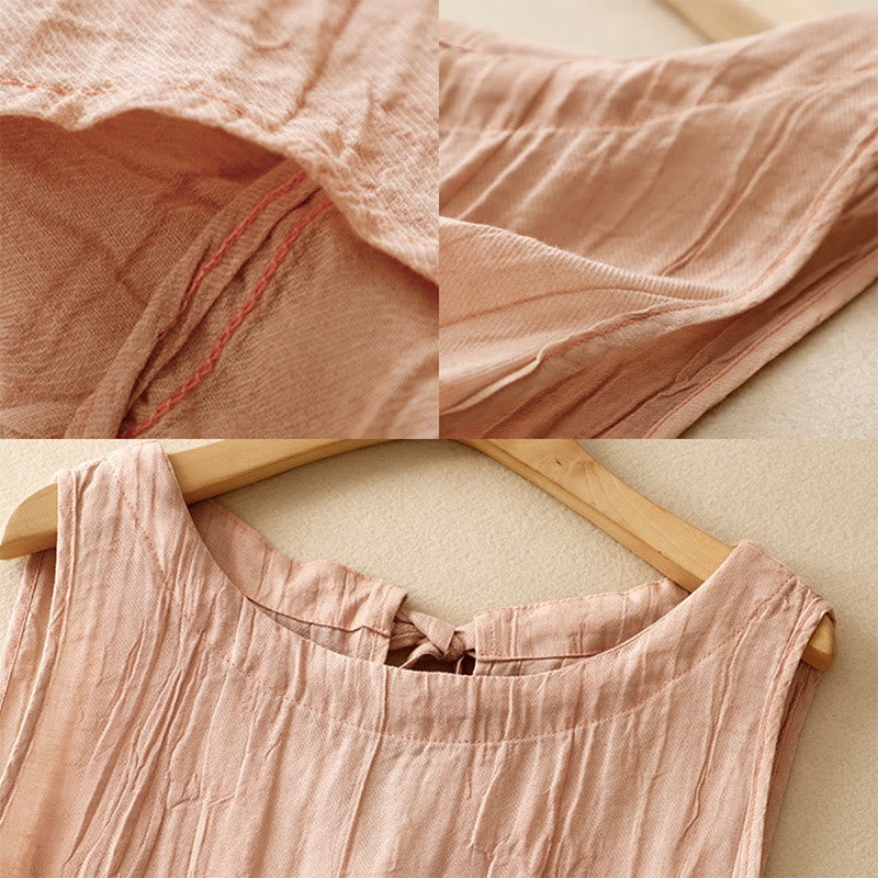 Buddha Stones Summer Pure Color Wrinkle Lace-up Sleeveless Cotton Linen Vest Women's Waistcoat