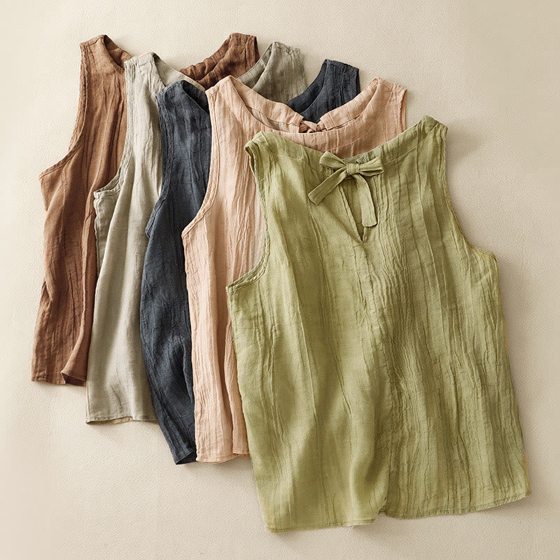 Buddha Stones Summer Pure Color Wrinkle Lace-up Sleeveless Cotton Linen Vest Women's Waistcoat