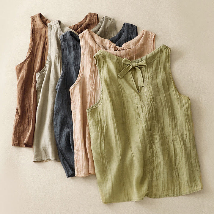 Buddha Stones Summer Pure Color Wrinkle Lace-up Sleeveless Cotton Linen Vest Women's Waistcoat