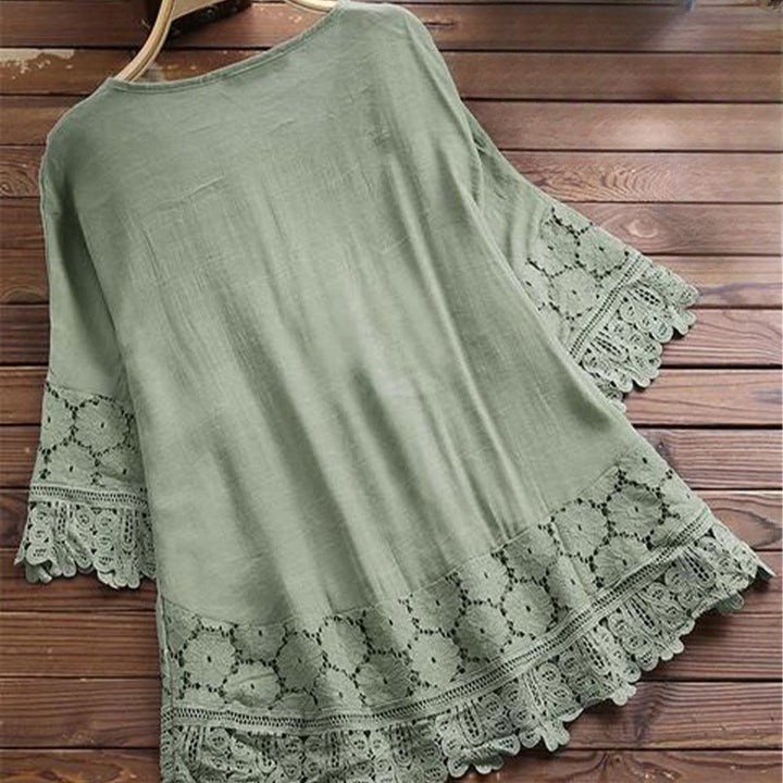 Buddha Stones Vintage Flower Embroidery Hole Design Lace-up Three Quarter Sleeve Cotton Women's Shirt - image 8