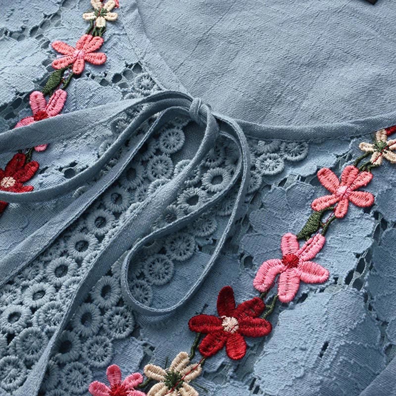 Buddha Stones Vintage Flower Embroidery Hole Design Lace-up Three Quarter Sleeve Cotton Women's Shirt - image 10