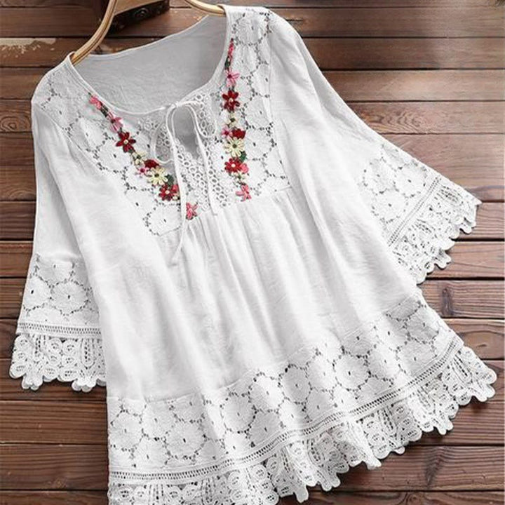 Buddha Stones Vintage Flower Embroidery Hole Design Lace-up Three Quarter Sleeve Cotton Women's Shirt - White - US16，UK/AU20，EU48 (5XL) - image 3