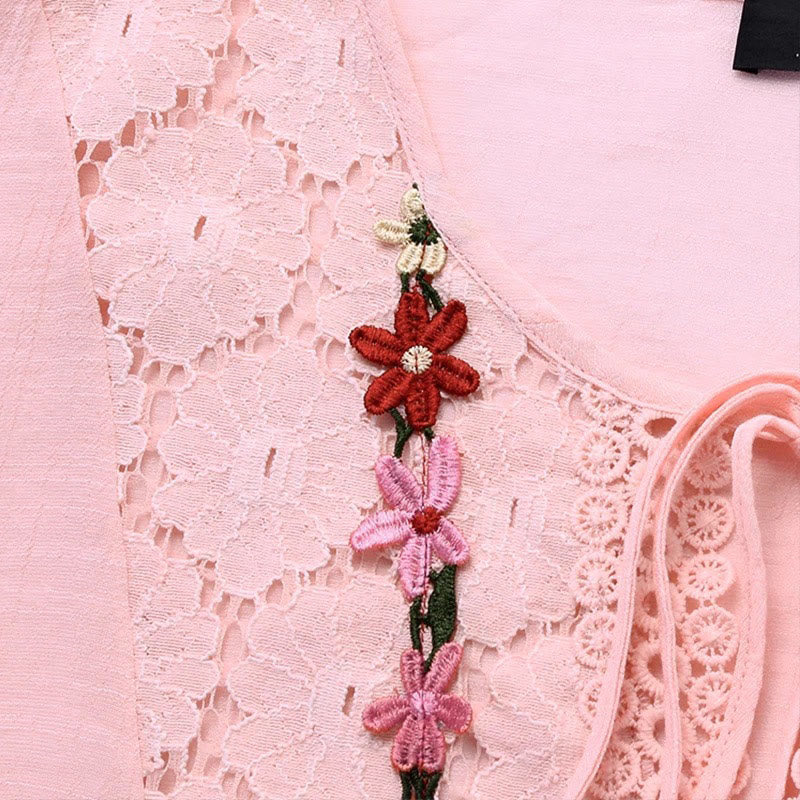 Buddha Stones Vintage Flower Embroidery Hole Design Lace-up Three Quarter Sleeve Cotton Women's Shirt - image 2