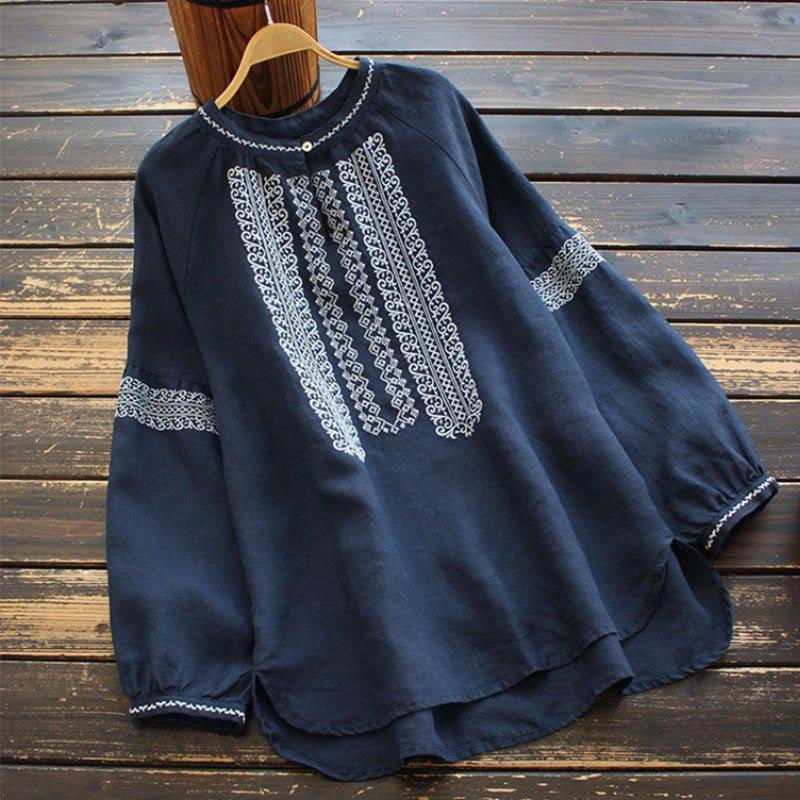 Buddha Stones Ethnic Embroidery Bohemian Pattern Long Sleeve Crew Neck Women's Shirt - Navy - US16，UK/AU20，EU48 (5XL) - image 7