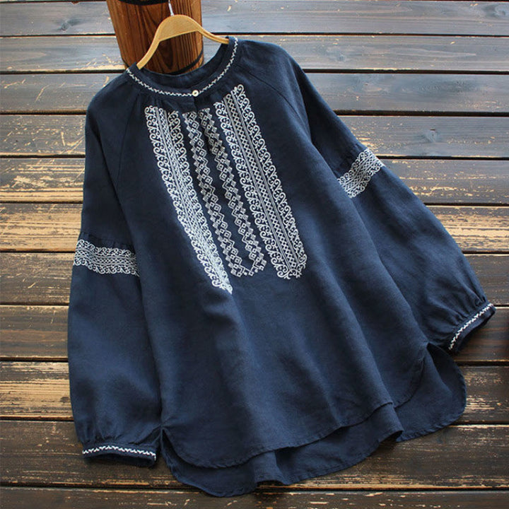 Buddha Stones Ethnic Embroidery Bohemian Pattern Long Sleeve Crew Neck Women's Shirt - Navy - US16，UK/AU20，EU48 (5XL) - image 7