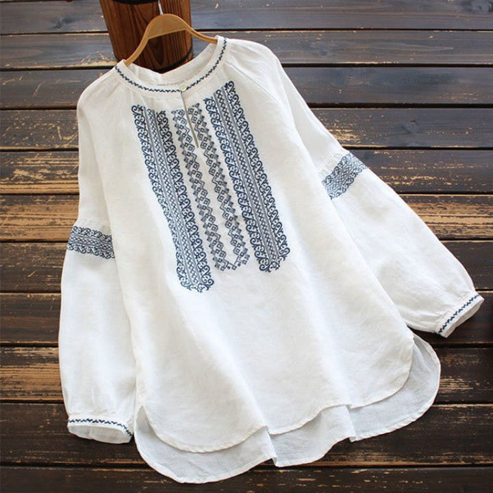 Buddha Stones Ethnic Embroidery Bohemian Pattern Long Sleeve Crew Neck Women's Shirt - White - US16，UK/AU20，EU48 (5XL) - image 0