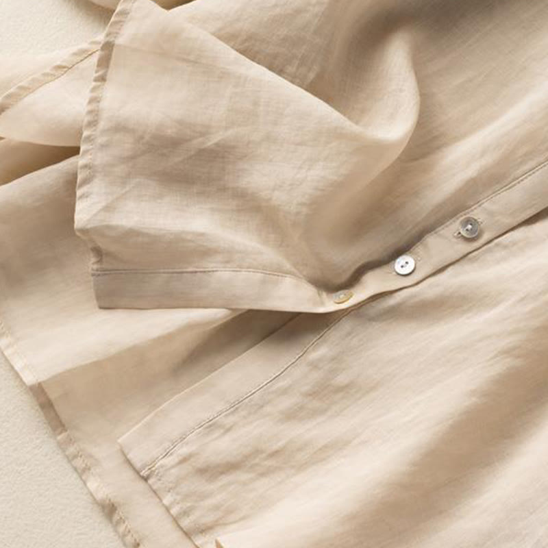 Buddha Stones Vintage Button Three Quarter Puff Sleeve V-Neck Cotton Linen Women's Shirt