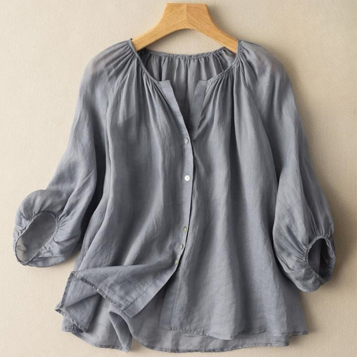 Buddha Stones Vintage Button Three Quarter Puff Sleeve V-Neck Cotton Linen Women's Shirt