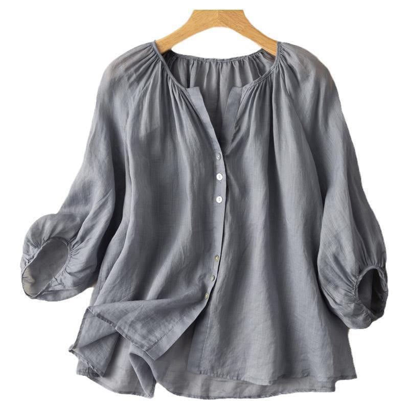 Buddha Stones Vintage Button Three Quarter Puff Sleeve V-Neck Cotton Linen Women's Shirt