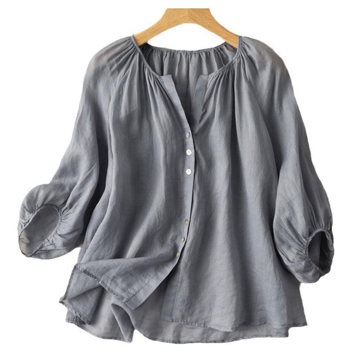 Buddha Stones Vintage Button Three Quarter Puff Sleeve V-Neck Cotton Linen Women's Shirt