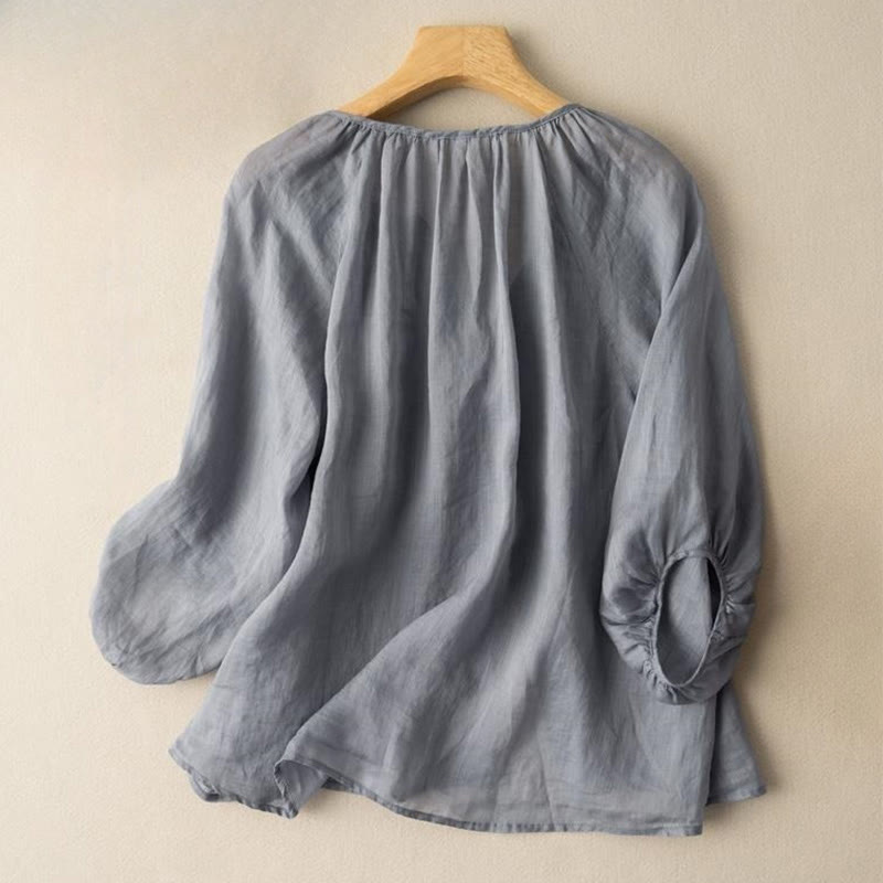 Buddha Stones Vintage Button Three Quarter Puff Sleeve V-Neck Cotton Linen Women's Shirt