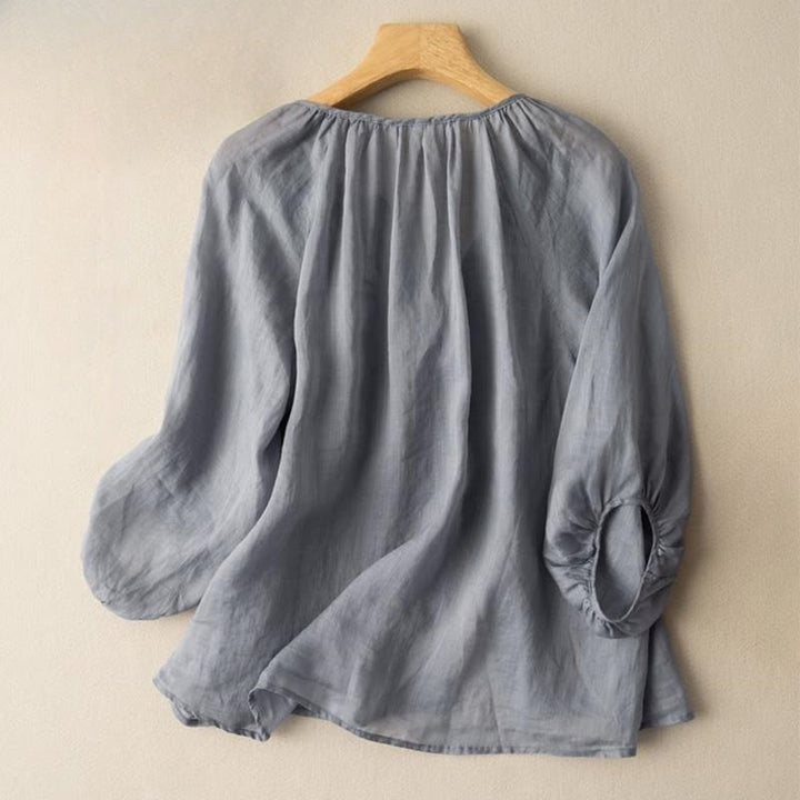 Buddha Stones Vintage Button Three Quarter Puff Sleeve V-Neck Cotton Linen Women's Shirt