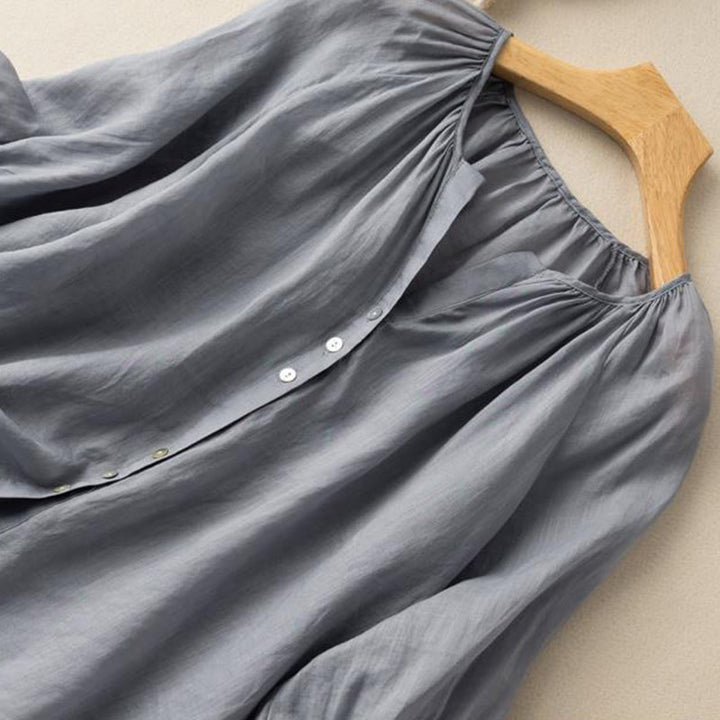 Buddha Stones Vintage Button Three Quarter Puff Sleeve V-Neck Cotton Linen Women's Shirt