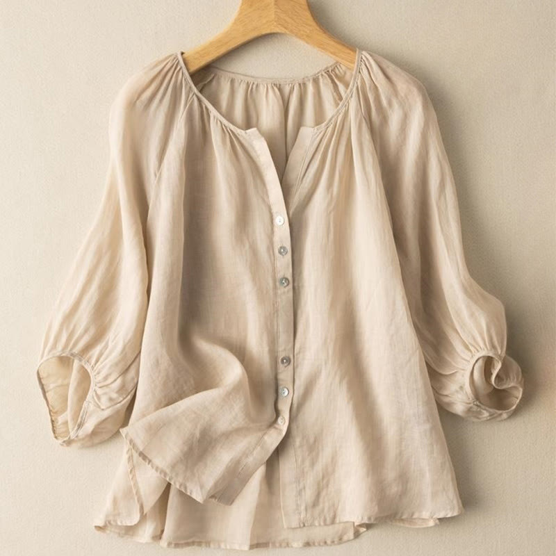 Buddha Stones Vintage Button Three Quarter Puff Sleeve V-Neck Cotton Linen Women's Shirt