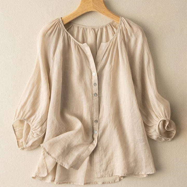 Buddha Stones Vintage Button Three Quarter Puff Sleeve V-Neck Cotton Linen Women's Shirt