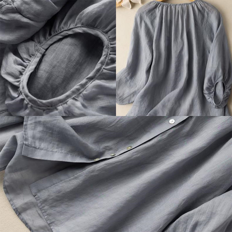 Buddha Stones Vintage Button Three Quarter Puff Sleeve V-Neck Cotton Linen Women's Shirt