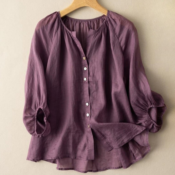 Buddha Stones Vintage Button Three Quarter Puff Sleeve V-Neck Cotton Linen Women's Shirt