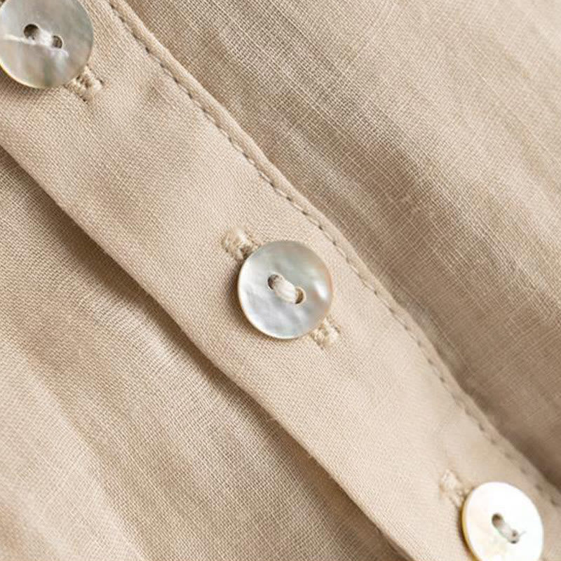Buddha Stones Vintage Button Three Quarter Puff Sleeve V-Neck Cotton Linen Women's Shirt
