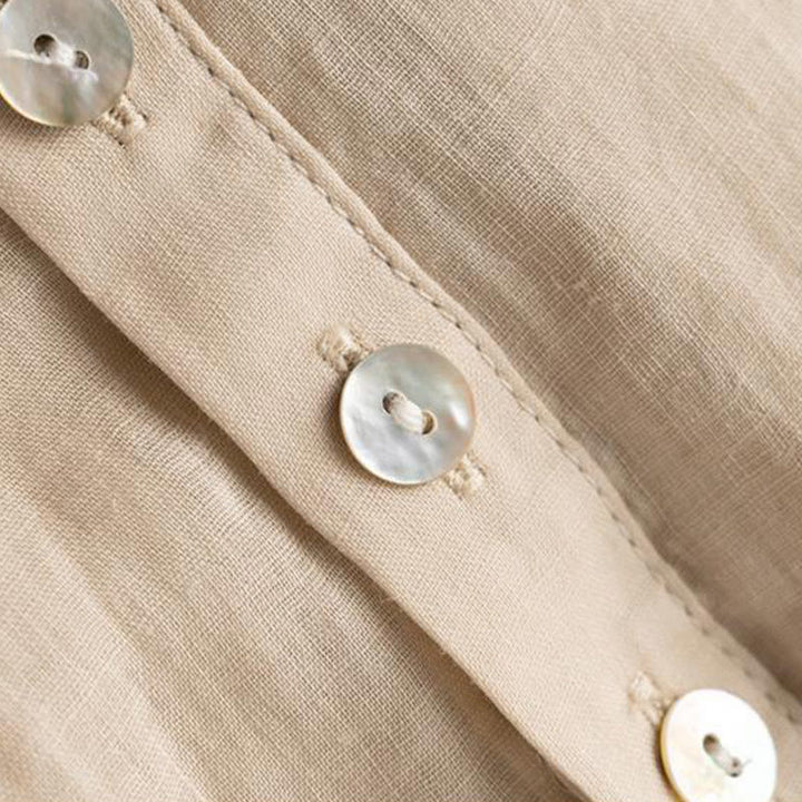 Buddha Stones Vintage Button Three Quarter Puff Sleeve V-Neck Cotton Linen Women's Shirt