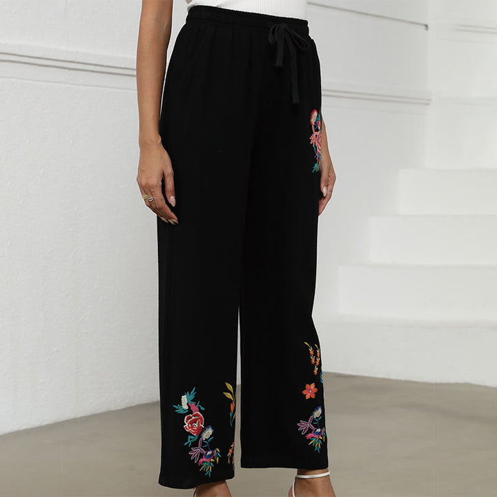Buddha Stones Black Summer Plain Ethnic Embroidery Cotton Linen Drawstring Women's Pants With Pockets - image 2
