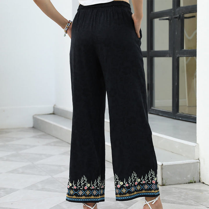 Buddha Stones Black Spring Embroidery Flower Pattern Cotton Linen Drawstring Women's Pants With Pockets - image 1