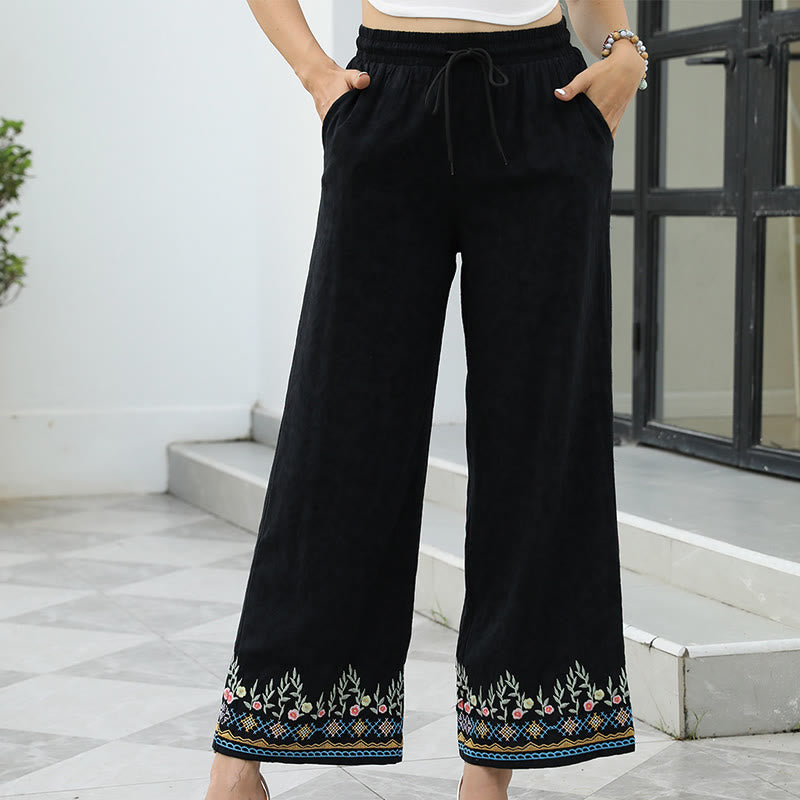 Buddha Stones Black Spring Embroidery Flower Pattern Cotton Linen Drawstring Women's Pants With Pockets - Black - US16，UK/AU20，EU48 (3XL) - image 0