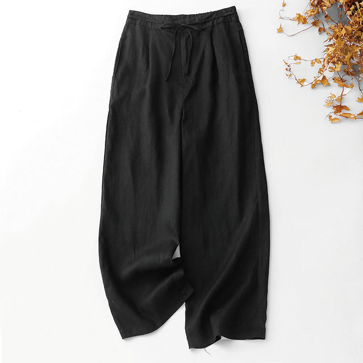 Buddha Stones Summer Plain Color Ankle-Length Drawstring Cotton Linen Women's Wide Leg Pants With Pockets Zipper - Black - US8-10，UK/AU12-14，EU40-42 (2XL) - image 7