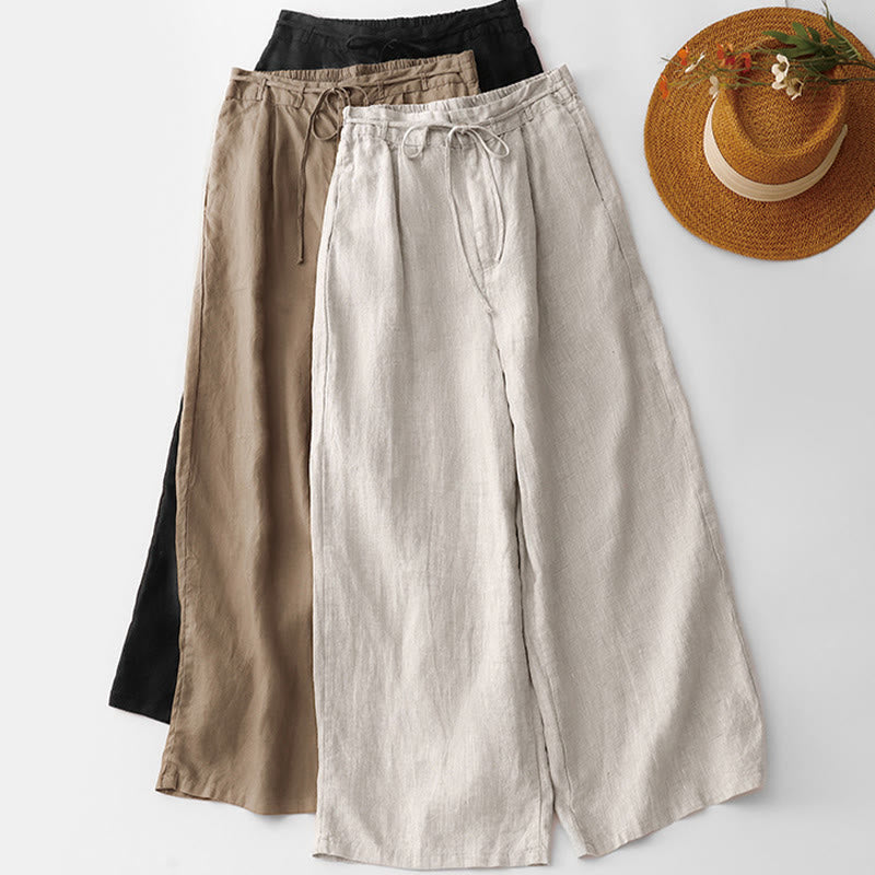 Buddha Stones Summer Plain Color Ankle-Length Drawstring Cotton Linen Women's Wide Leg Pants With Pockets Zipper - image 19