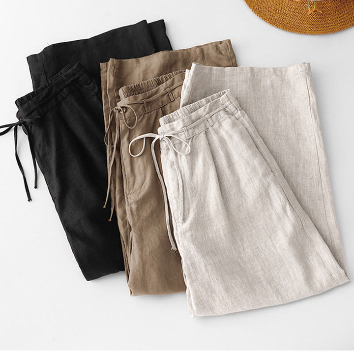 Buddha Stones Summer Plain Color Ankle-Length Drawstring Cotton Linen Women's Wide Leg Pants With Pockets Zipper - image 20