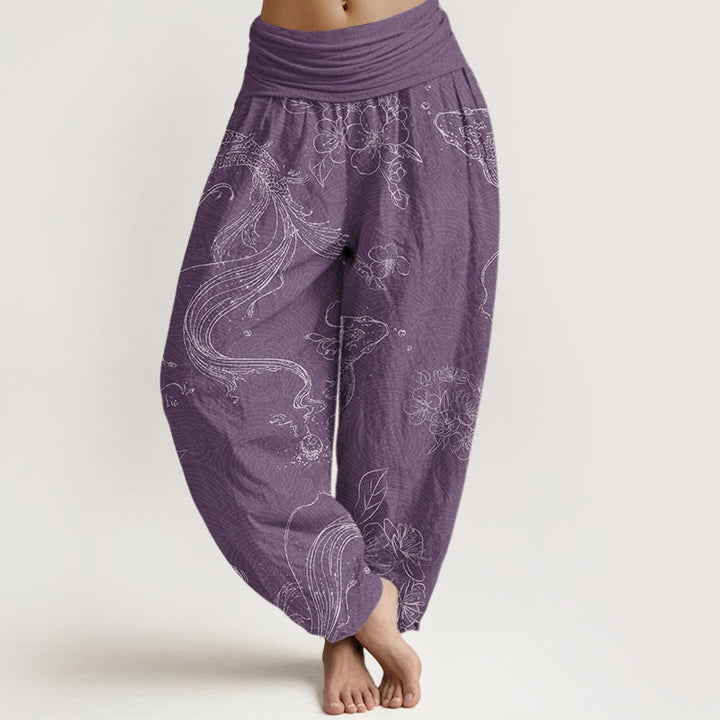 Buddha Stones Koi Fish Floral Pattern Women's Elastic Waist Harem Pants - MediumPurple - US22，UK/AU26，EU54 (6XL) - image 5