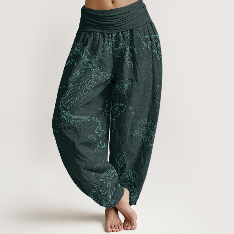 Buddha Stones Koi Fish Floral Pattern Women's Elastic Waist Harem Pants - DarkCyan - US22，UK/AU26，EU54 (6XL) - image 8
