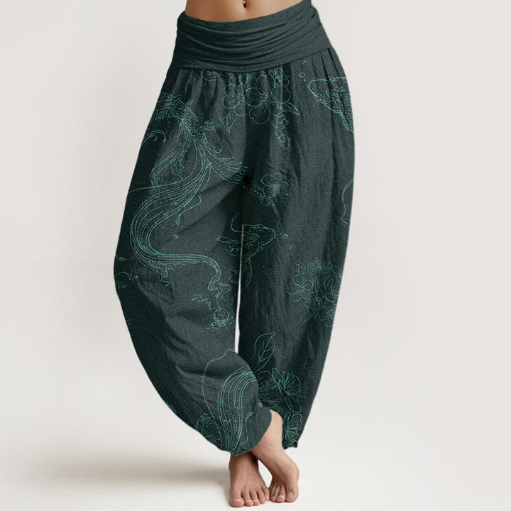 Buddha Stones Koi Fish Floral Pattern Women's Elastic Waist Harem Pants - DarkCyan - US22，UK/AU26，EU54 (6XL) - image 8