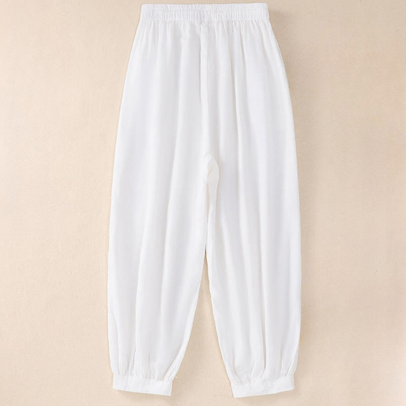 Buddha Stones Pure Color Drawstring Frog-Button Cotton Linen Women's Harem Pants With Pockets