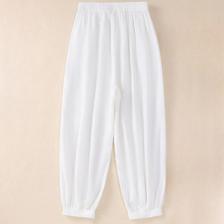 Buddha Stones Pure Color Drawstring Frog-Button Cotton Linen Women's Harem Pants With Pockets