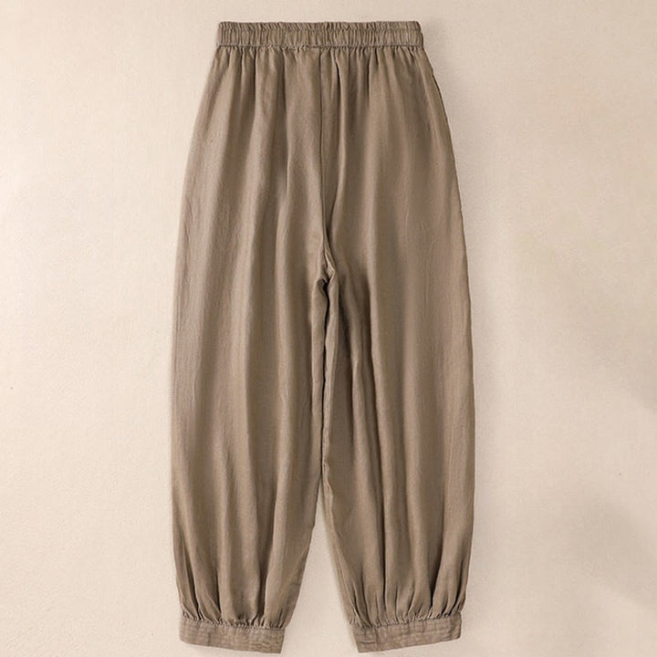 Buddha Stones Pure Color Drawstring Frog-Button Cotton Linen Women's Harem Pants With Pockets