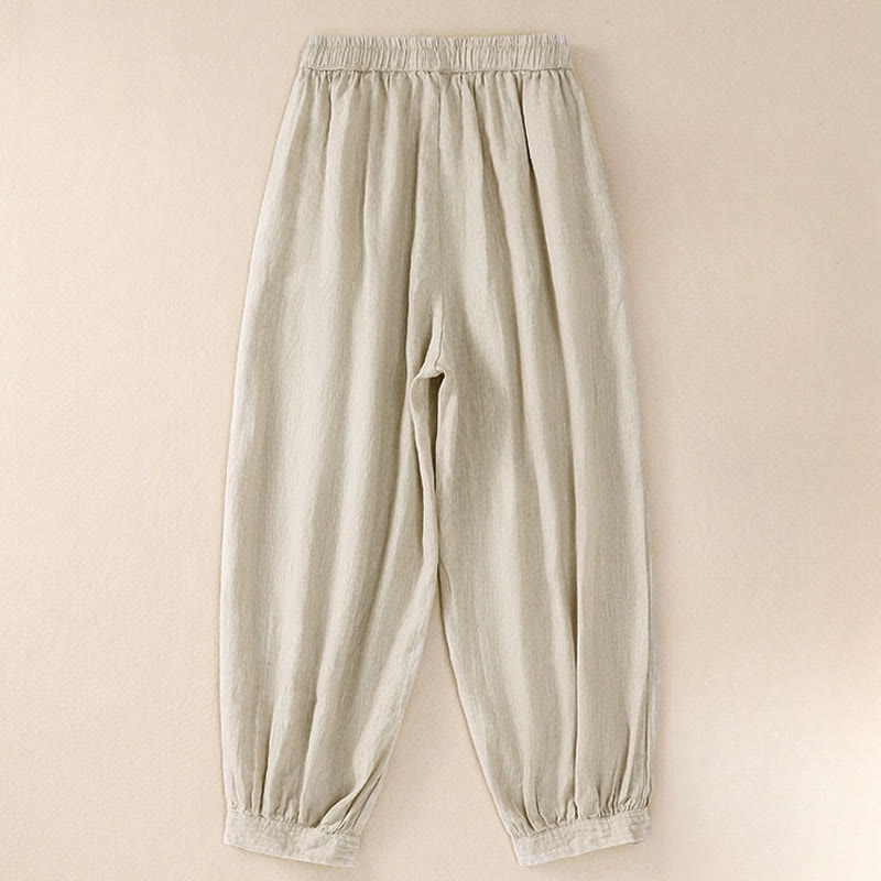 Buddha Stones Pure Color Drawstring Frog-Button Cotton Linen Women's Harem Pants With Pockets - image 1