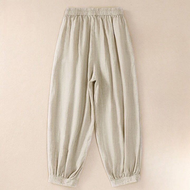 Buddha Stones Pure Color Drawstring Frog-Button Cotton Linen Women's Harem Pants With Pockets - image 1