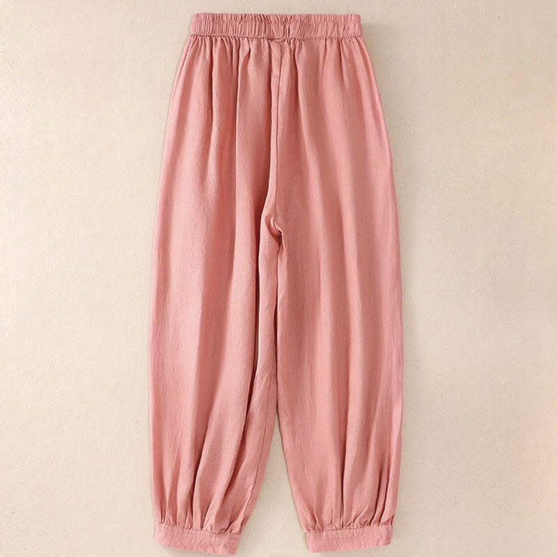 Buddha Stones Pure Color Drawstring Frog-Button Cotton Linen Women's Harem Pants With Pockets - image 15