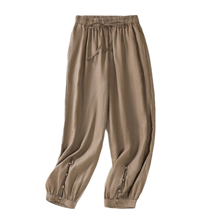 Buddha Stones Pure Color Drawstring Frog-Button Cotton Linen Women's Harem Pants With Pockets - image 30