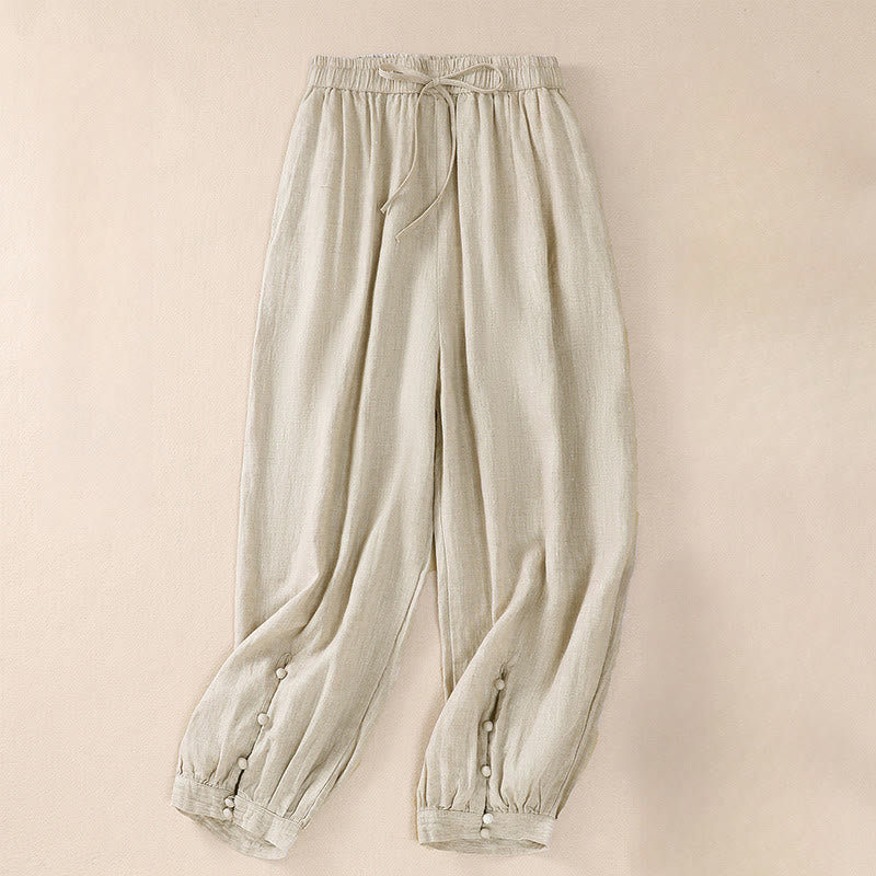 Buddha Stones Pure Color Drawstring Frog-Button Cotton Linen Women's Harem Pants With Pockets